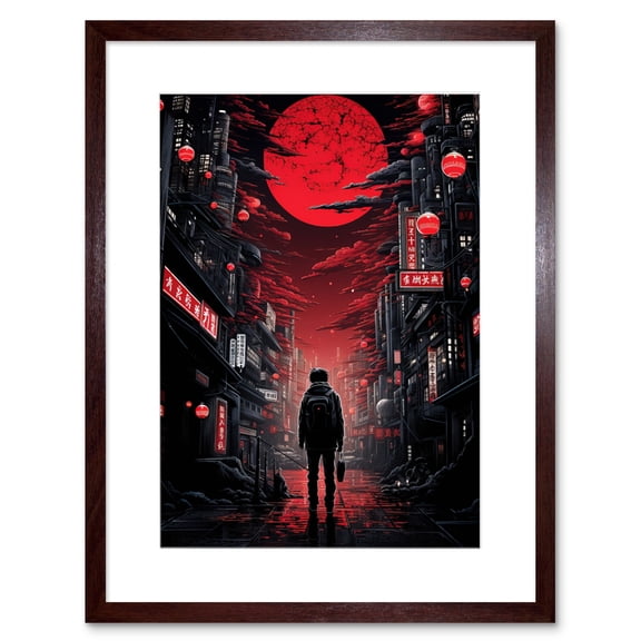 Midnight Blood Moon in Tokyo Conceptual Artwork Gothic Street Japanese Cityscape Artwork Framed Wall Art Print 9X7 Inch