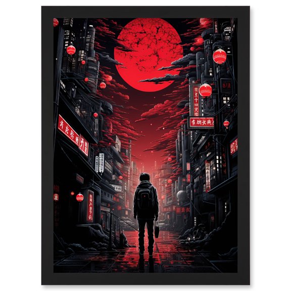 Midnight Blood Moon in Tokyo Conceptual Artwork Gothic Street Japanese Cityscape Artwork Framed Wall Art Print A4