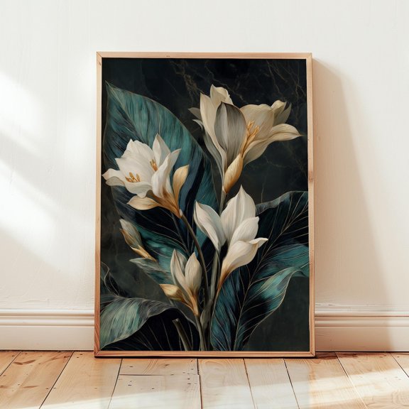 Midnight Bloom Dark Floral White Flowers Wall Art Home Decor Unframed Paper Print