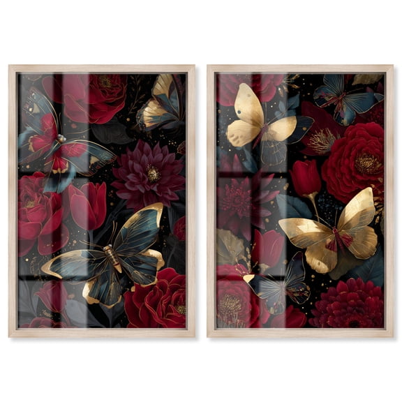 Midnight Bloom Shadowbox Print Bathroom Wall Decor Set By Art Remedy, Blonde Frame, 10 x 15