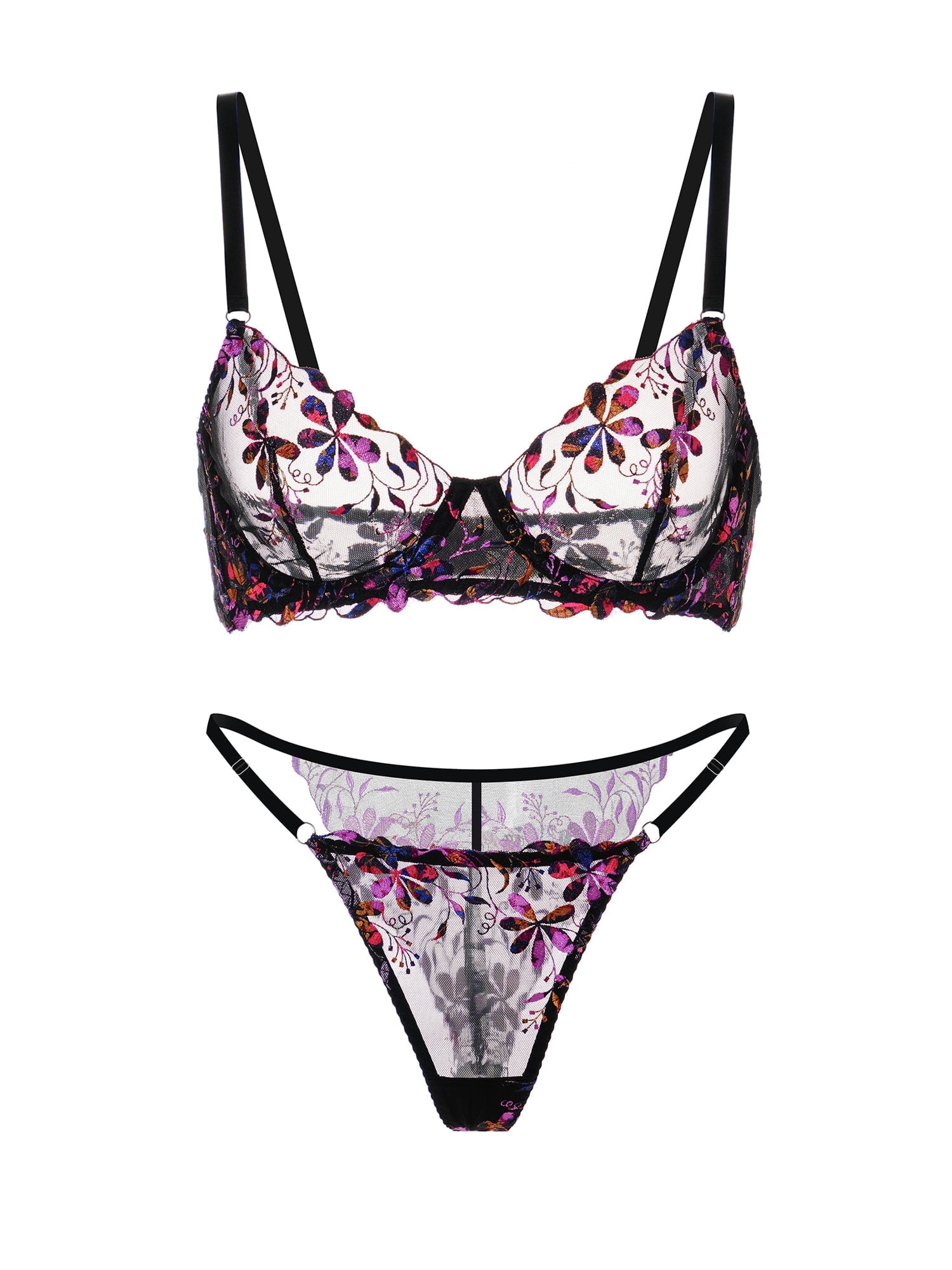 Midnight Blossom Lace Embroidered Lingerie Set (BLACK, L+)