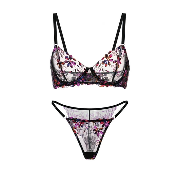 Midnight Blossom Lace Embroidered Lingerie Set (BLACK, M+)