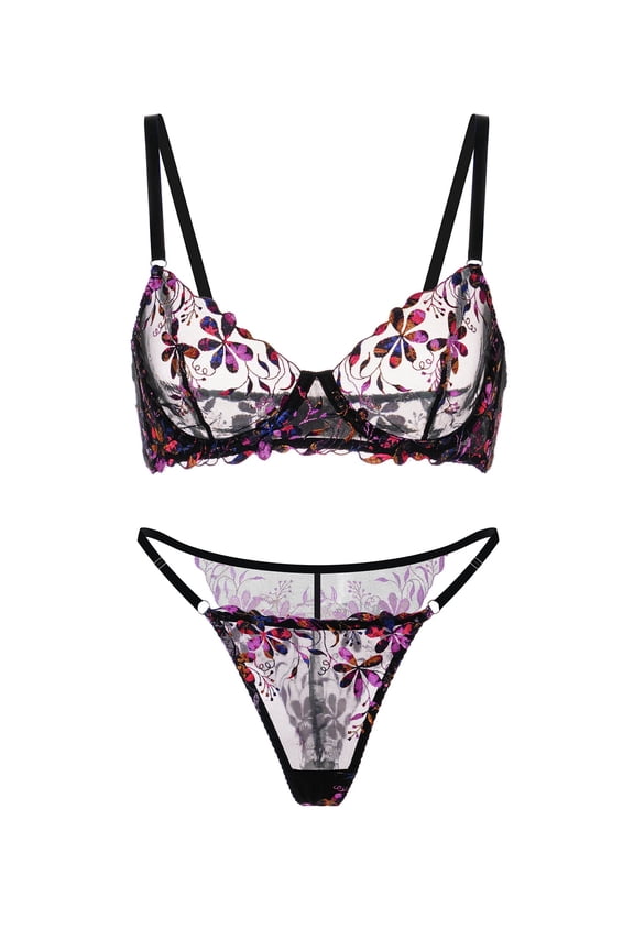 Midnight Blossom Lace Embroidered Lingerie Set (BLACK, S)