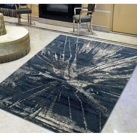Midnight Blue/Beige Splash Abstract Explosion Pattern Distressed- Modern Vintage Area Rug