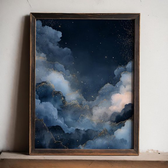Midnight Blue Celestial Wall Art Print, Navy Cloud Star Gold Fleck Bedroom Decor