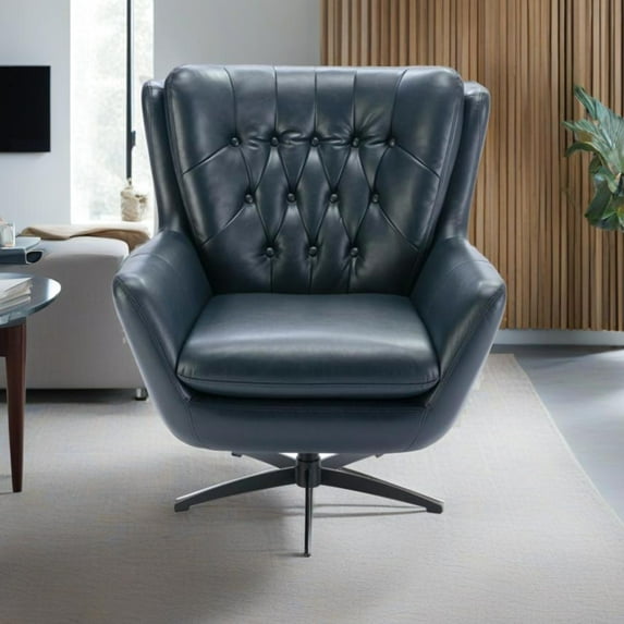 Midnight Blue Faux Leather Chair With 360 Degree Swivel - Comfort Foam, Stable Metal Construction Luxury Foam Seat Base, Spin, Decorative Details
