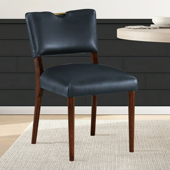 Midnight Blue Faux Leather Dining Chair Of Two - Kiln-dried Hardwood Build Cozy Sinuous Spring Seat Dark Navy Upholstery Elegant Gold Finished Handle Solid Base Foam Filled 19"w X 17.25"d 20.75"h