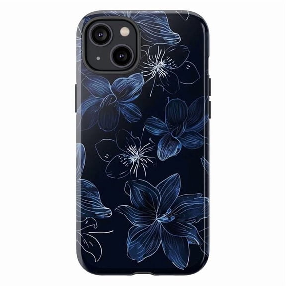 Midnight Blue Floral Phone Case, Elegant Botanical Line Art iPhone Cover, Dark Aesthetic Protective Case for iPhone 16 15 14 13 12 11 Plus Pro Max Mini