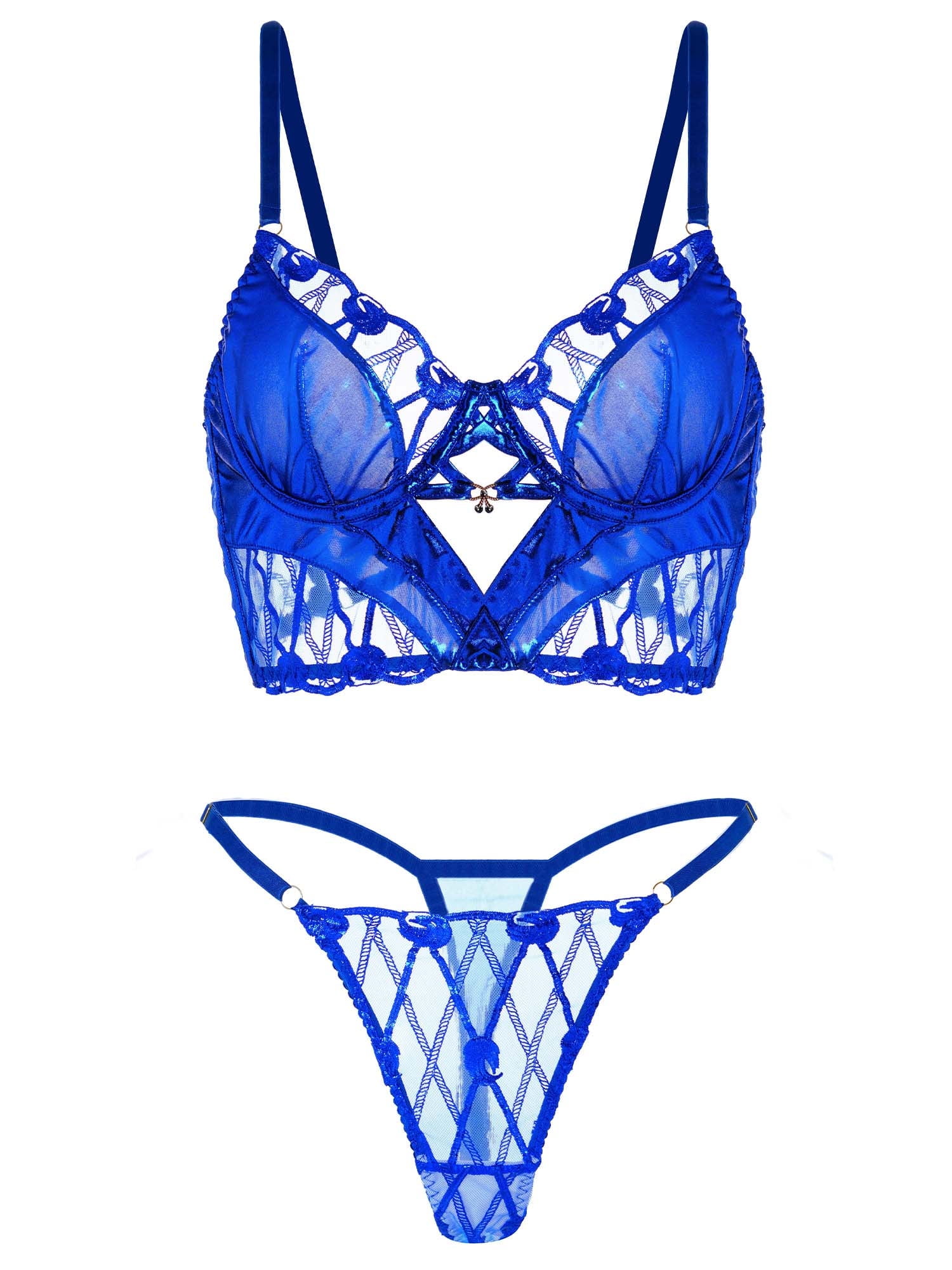 Midnight Blue Leather Lace Embellished Lingerie Set (BLUE, M)