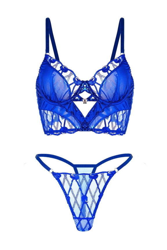 Midnight Blue Leather Lace Embellished Lingerie Set (BLUE, M)