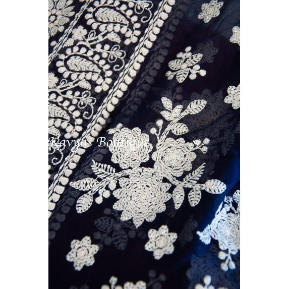 Midnight Blue Pure Georgette Chikankari Saree with Mukaish Work