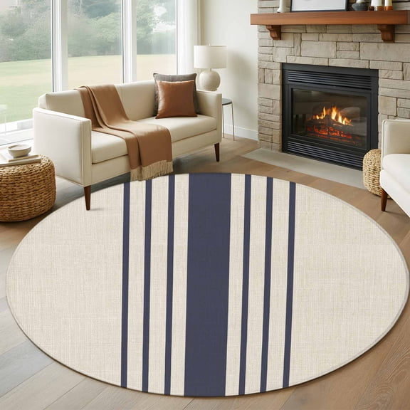 Midnight Blue Striped 8' Round Area Rug, Beige Geometric Modern Art Washable Non-Slip Large Circle Rugs for Living Room Bedroom, Soft Low Pile Rug Carpet for Dining Room Kitchen Farmhouse