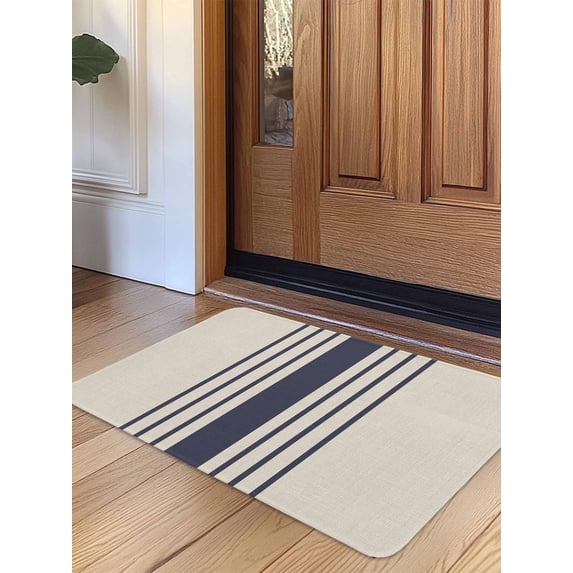 Midnight Blue Striped Door Mat Indoor Outdoor Entrance, Non Slip Small Rug for Kitchen Bathroom Entryway Rug, Beige Geometric Modern Art Washable Doormat Floor Mat 16x24 Inch