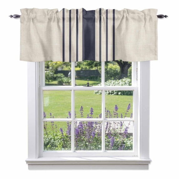 Midnight Blue Striped Kitchen Curtain Valances for Windows Farmhouse Short Curtains, Beige Geometric Modern Art Rod Pocket Valance Curtain for Bedroom Cafe Living Room 42"x18"