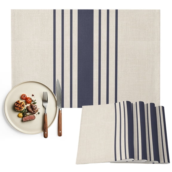 Midnight Blue Striped Placemats Set of 2, Beige Geometric Modern Art Washable Wipeable Table Mats for Dining Tables, Indoor Outdoor Kitchen Place Mats for Holiday Party Table Decor