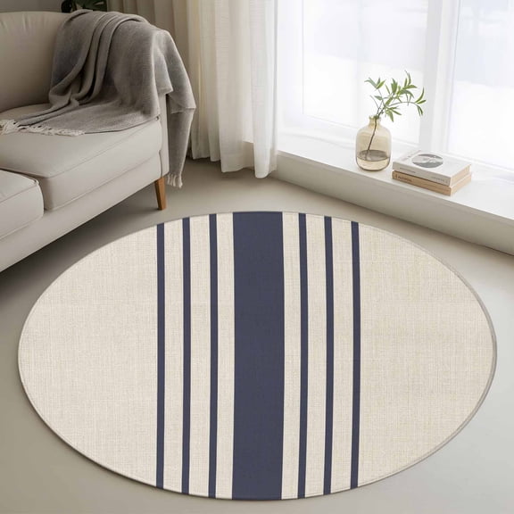 Midnight Blue Striped Round Area Rug 4ft, Beige Geometric Modern Art Washable Non-Slip Circle Rugs for Bedroom Living Room Kitchen, Soft Non Shedding Circle Carpet for Dining Room Dorm