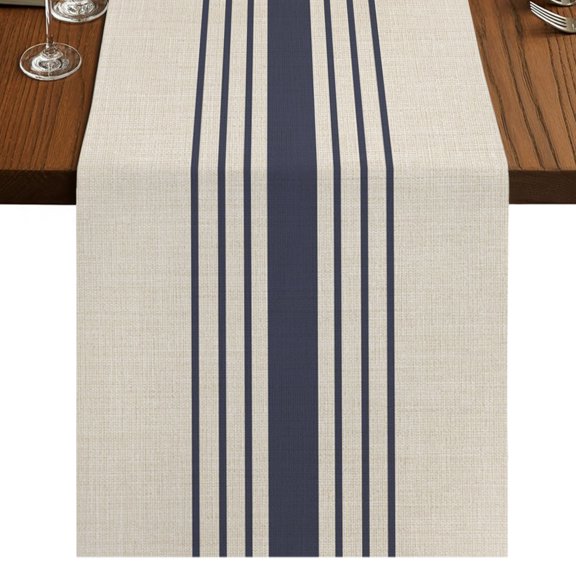 Midnight Blue Striped Short Table Runner 36 Inches Long,Beige Geometric Modern Art Cotton Linen Table Runners Dresser Scarves,Fabric Tabletop Scarf Furniture Cover for Home Dinner Party Decor 13"x36"