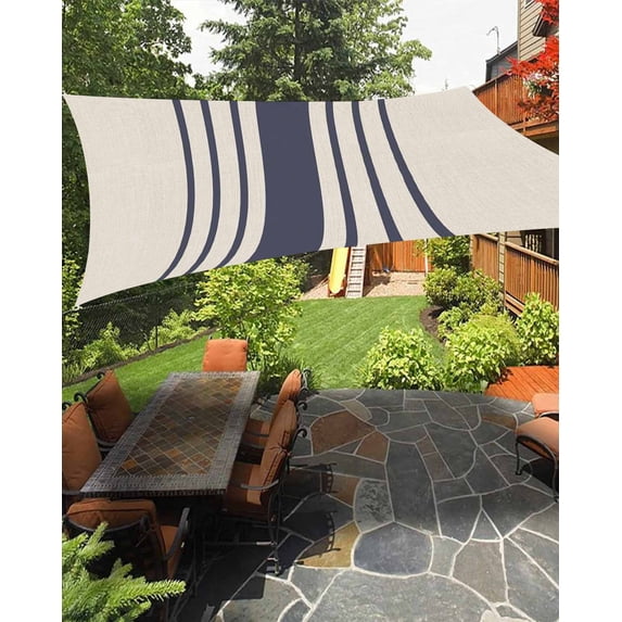 Midnight Blue Striped Sun Sail Shades Rectangle Canopy,Sunlight Block Heavy Duty Curved Backyard Shade Cover,Beige Geometric Modern Art Waterproof Sun Shades for Patios Garden Pergola Outdoor 12'x16'