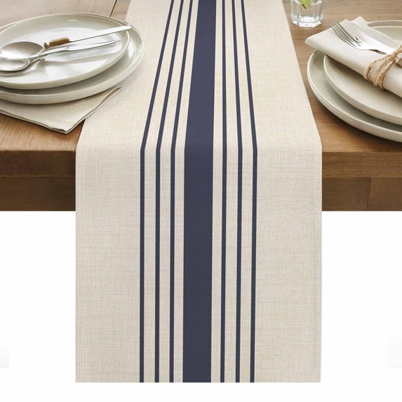 Midnight Blue Striped Table Runner - 90 Inch Long, Kitchen Dining Table Runner Dresser Scarves, Beige Geometric Modern Art Farmhouse Decor for Coffee Tables Wedding Party Banquet