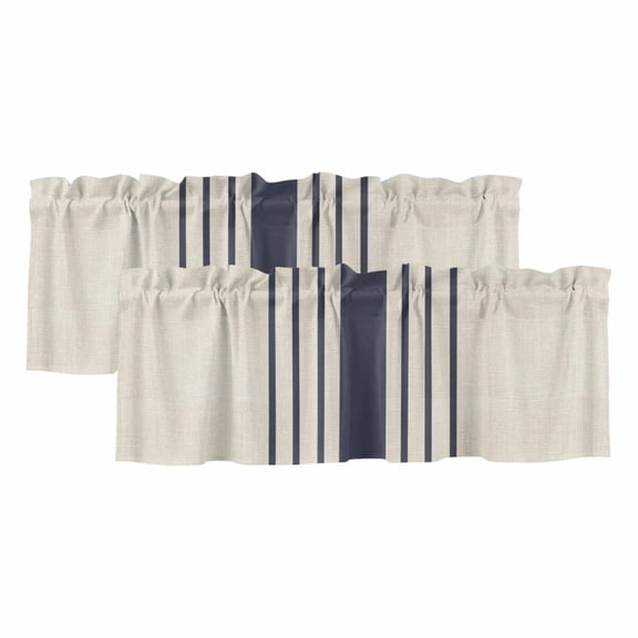 Midnight Blue Striped Valances for Windows, Decorative Rod Pocket Window Valance Curtains, Beige Geometric Modern Art Short Curtain Drapes for Kitchen/Bathroom/Living Room, 2 Panels, 42" W x 18" L