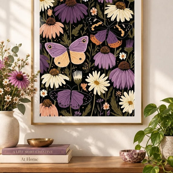 Midnight Butterfly Garden Poster, Dark Botanical, Purple Coneflower Art ...