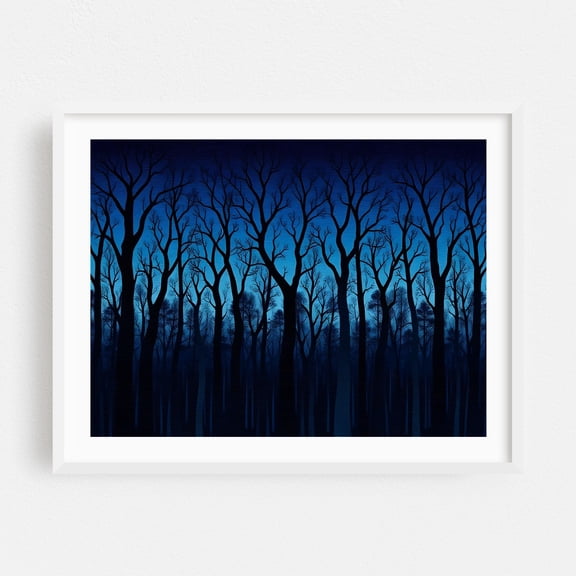 Midnight Canopy - Painting Forest Silhouette Nature Woods Night Sky Mystical Moody White Framed Wall Art Print 5 x 7 inches