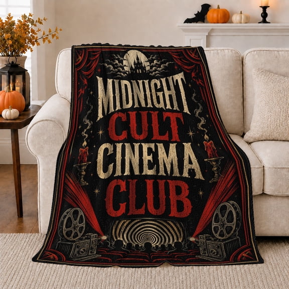 Midnight Cult Cinema Club Vintage Movie Theater, Cozy Typography Art Scene, Warm Flannel Blanket for Living Room and Reading Nook, Art Lovers Housewarming Gift, Artistic Home Decor