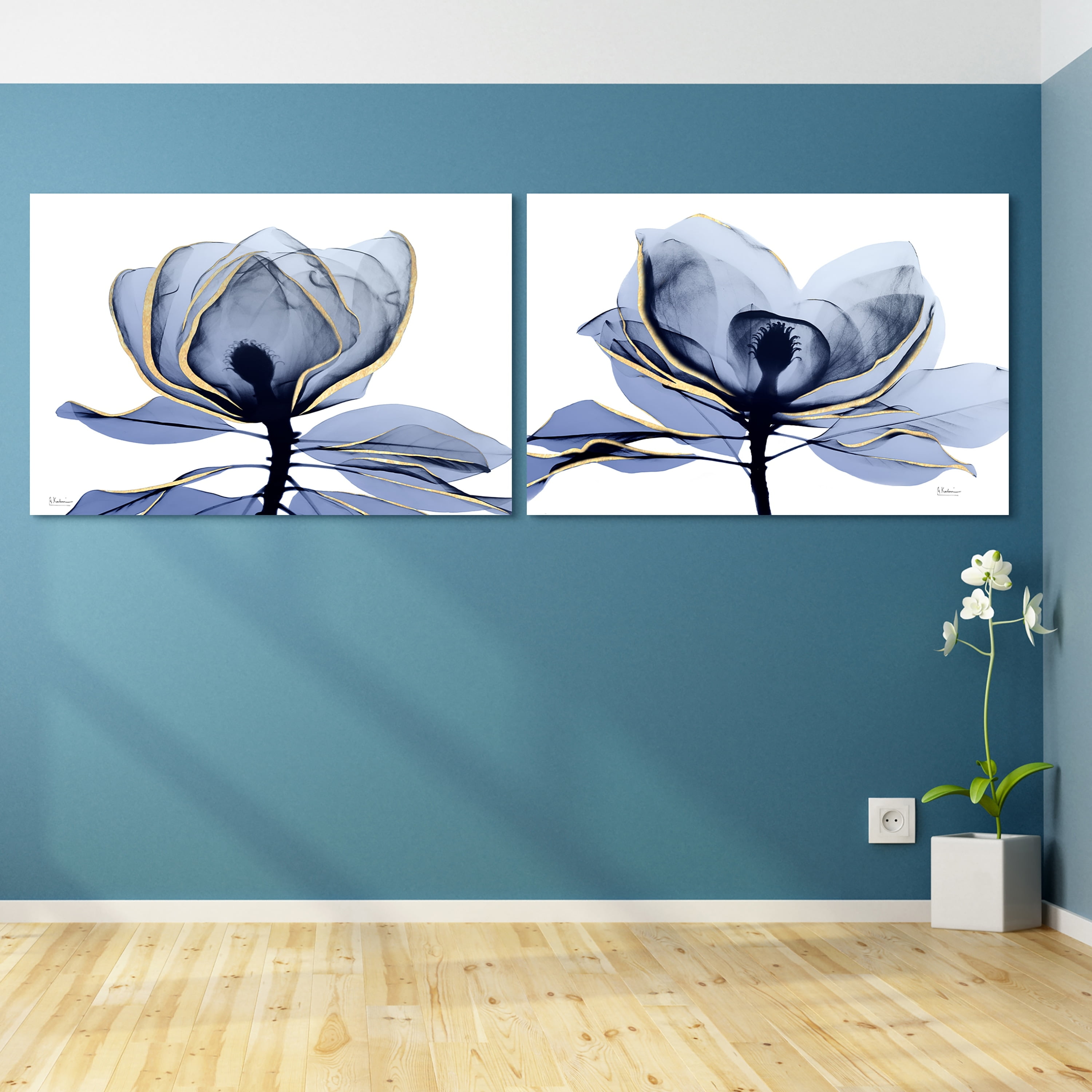 Golden Midnight Blue and Gold Tempered Glass Art Prints, Set of 2