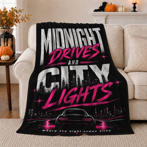 Midnight Drives City Lights Black Sports Car, Cozy Typography Art Scene, Warm Flannel Blanket for Living Room and Reading Nook, Art Lovers Housewarming Gift, Artistic Home Decor