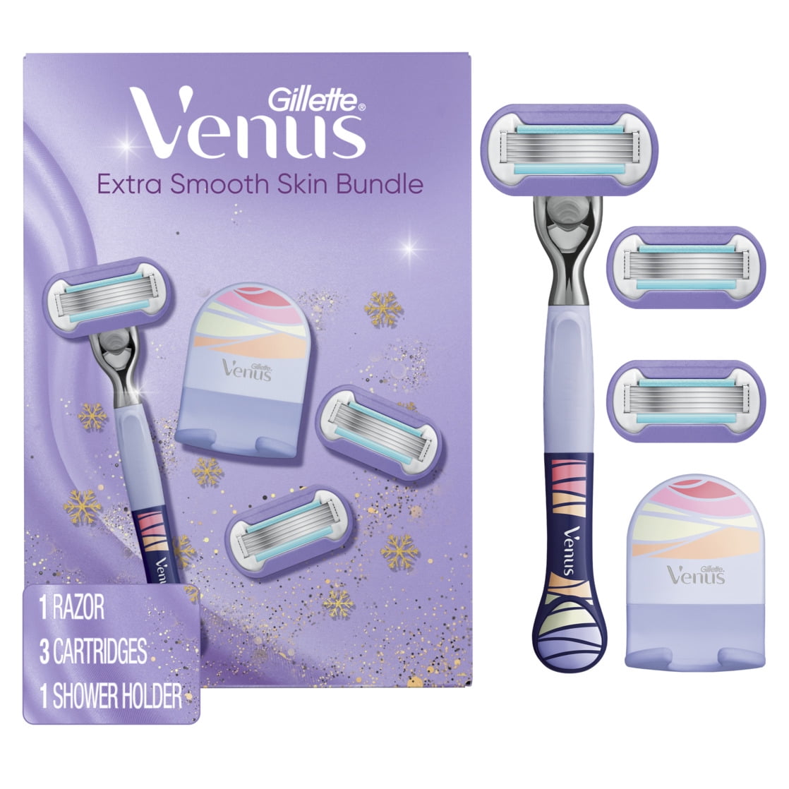 Gillette Venus Miami Midnight Extra Smooth Razor Handle, 3 Refills, 1 Shower Hook, Holiday Gifts for Women