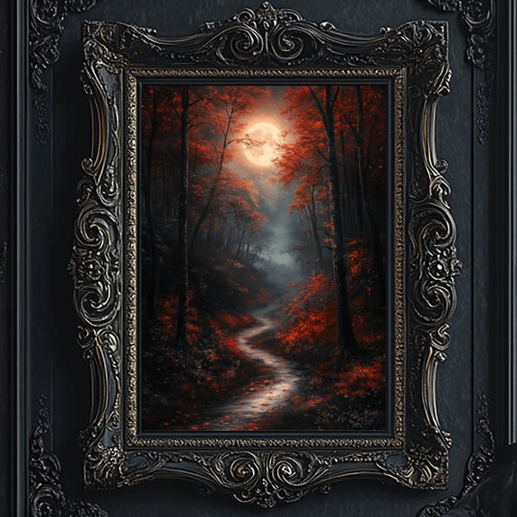 Midnight Fall Forest Dark Cottagecore Autumn Full Moon Print Moody Vintage Art Dark Academia Decor Gothic Art Modern Wall Decor Wall Art