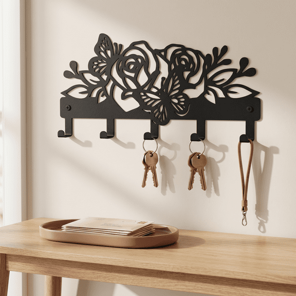 Midnight Flower Rose Butterfly Key Holder Wall Mount, Metal Key Rack with 5 Hooks for Entryway Hallway Kitchen Office, Black Aesthetic Wall Decor
