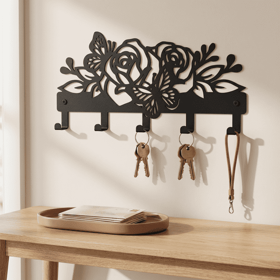 LISHUQI Midnight Flower Rose Butterfly Key Holder Wall Mount, Metal Key Rack with 5 Hooks for Entryway Hallway Kitchen Office, Black Aesthetic Wall Decor