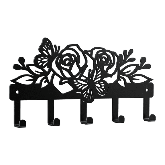 Midnight Flower Rose Butterfly Key Holder Wall Mount, Metal Key Rack with 5 Hooks for Entryway Hallway Kitchen Office, Black Aesthetic Wall Decor