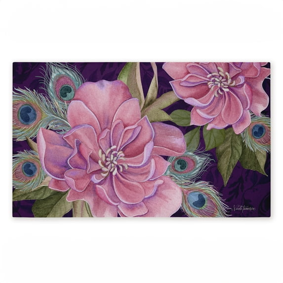 Midnight Garden Peacock Feathers Printed Outdoor Door Mat, design by Nicole Tamarin, 18"x30"