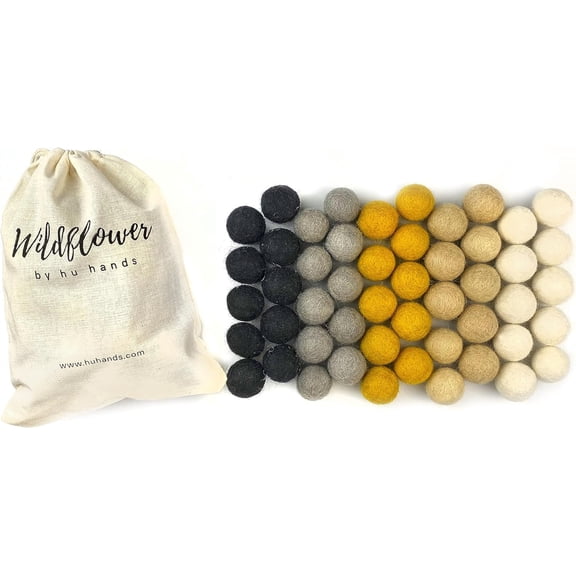 Midnight Glam Wildflower by Hu Hands Wool Felt Balls | 50 Pom Poms for Crafts, Garland, Felting | Black, Gold, Silver | .8 - 1 Inch Pompoms Hand Felted in Nepal | 100% Wool | Muslin Bag Included