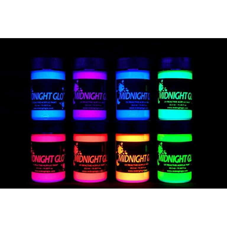 Midnight Glo UV Paint Acrylic Black Light Reactive Bright Neon Colors Set of 8 Bottles Great for Crafts Art & DIY Projects Blacklight Party(0.75 oz)