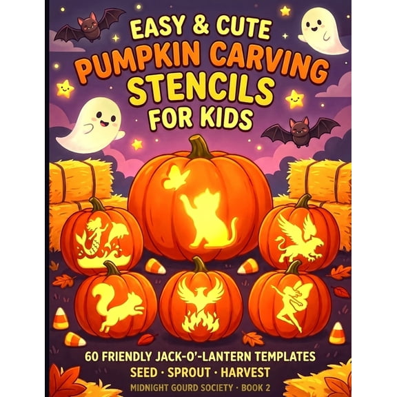 Midnight Gourd Society Easy & Cute Pumpkin Carving Stencils for Kids: 60 Friendly Jack-O'-Lantern Templates - Unicorns, Dragons, Dinosaurs, Mer, (Paperback)