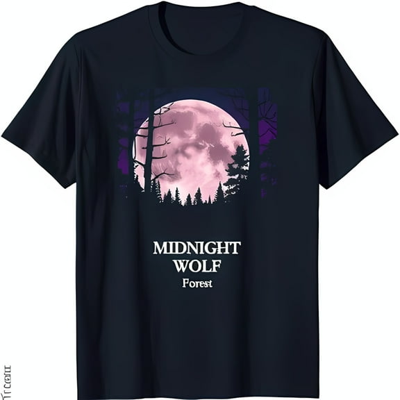 Midnight Graphic T-Shirt Black Tee with Forest & Pink Moon