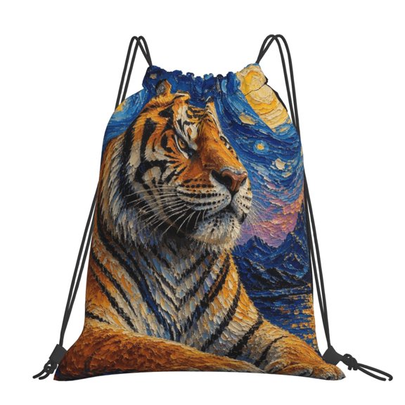 Midnight Impressionist Tiger Decor Large Drawstring Backpack Casual Cinch Sack Bag Backpack for Sports Hiking Travel Gym