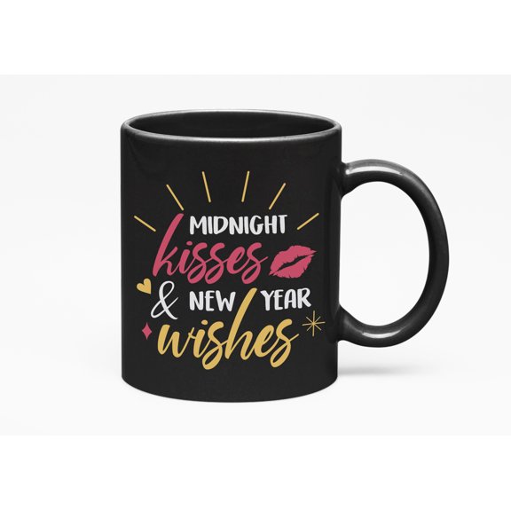 Midnight Kisses & New Year Wishes. Unique Lip Mark Print Christmas, Black 11oz Ceramic Mug