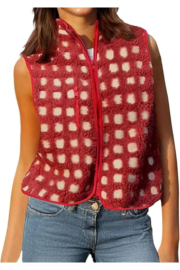 Midnight Lunch Vest, Women's Checkered Polar Fleece Vest, Fall Winter Sleeveless Cardigan with Chest Pocket for women