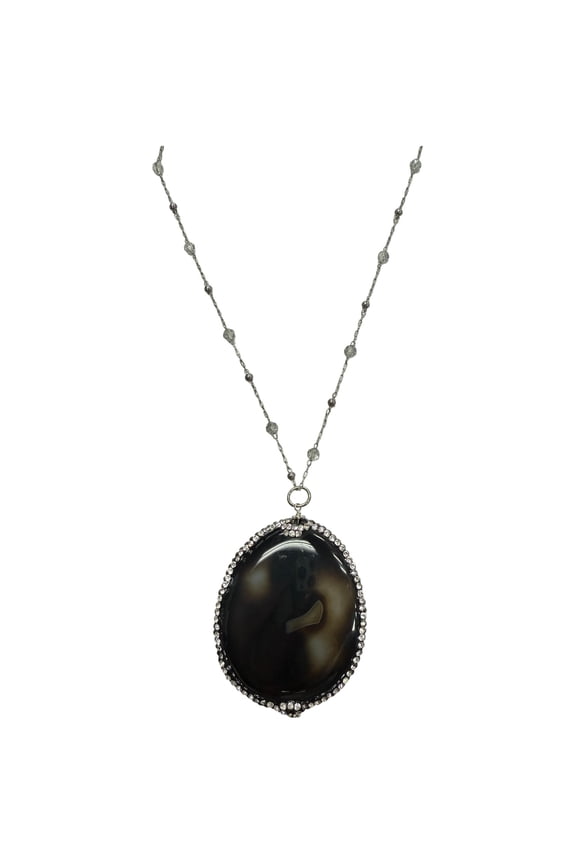 Michelle Marie's Midnight Majesty Long Black Agate Pendant Necklace with Brass and Crystal Chain