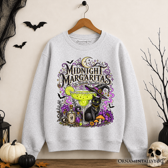 Midnight Margaritas Black Cat Halloween Sweatshirt, Witchy Cocktail Sweater for Spooky Season