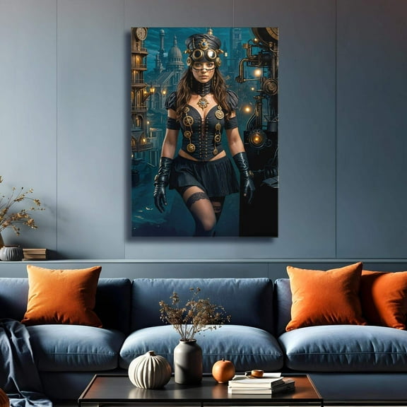 Midnight Woman Mechanist Canvas Print – Steampunk Engineer Art, Gothic Industrial Wall Decor