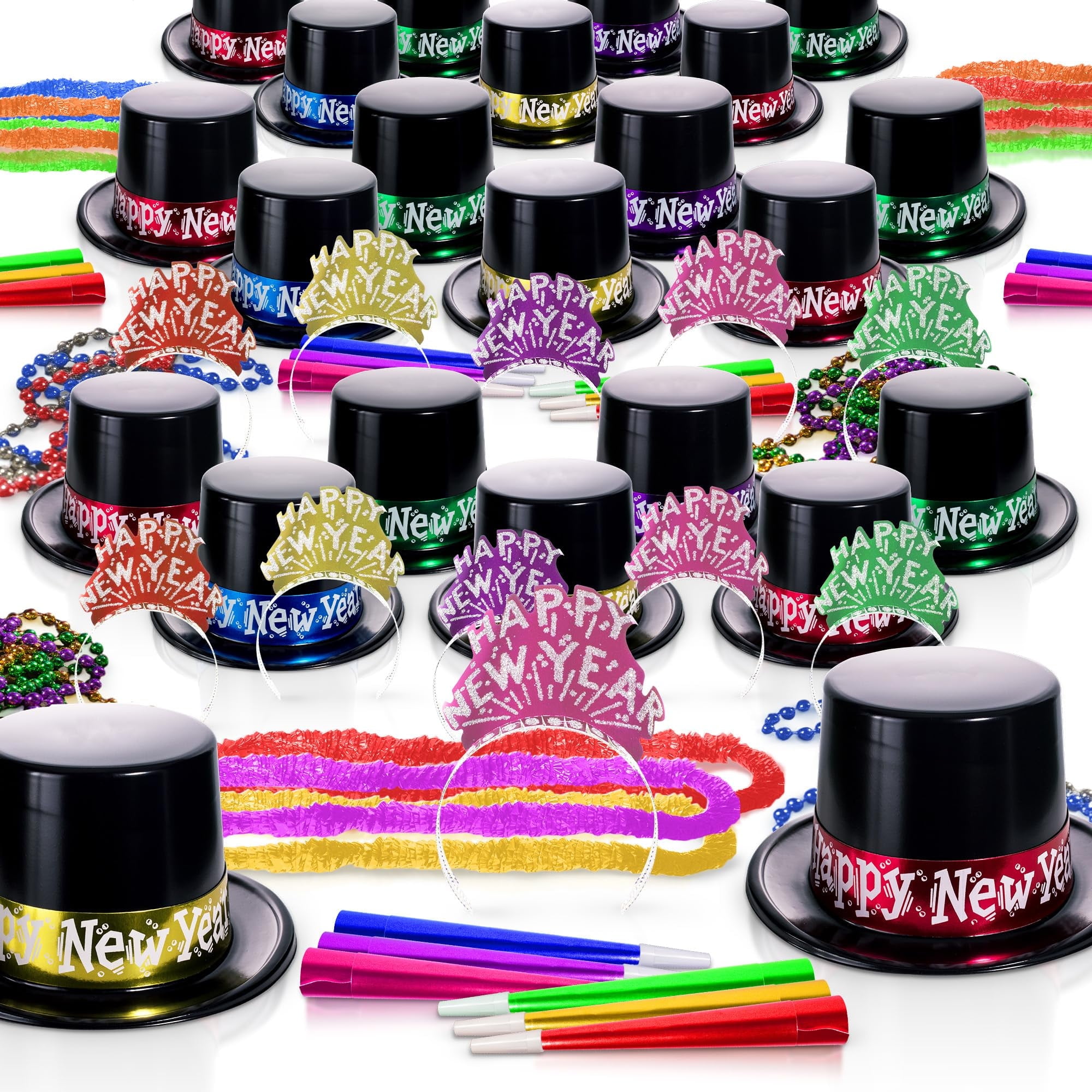 Windy City Novelties New Years Eve 2026 Party Kit for 50 Guests, Midnight Metallic 125-Piece Set with Black Top Hats, Colorful Tiaras, Horns, Leis & Beaded Necklaces