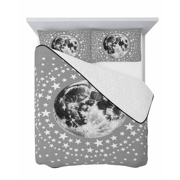 Midnight Moon 3 Piece Quilt Set Full Size, Abstract Modern Minimalist Star Gray Background Soft Bedspread Coverlet Bedding Set Microfiber Lightweight Comforter Set with 2 Pillowcases for Bedroom