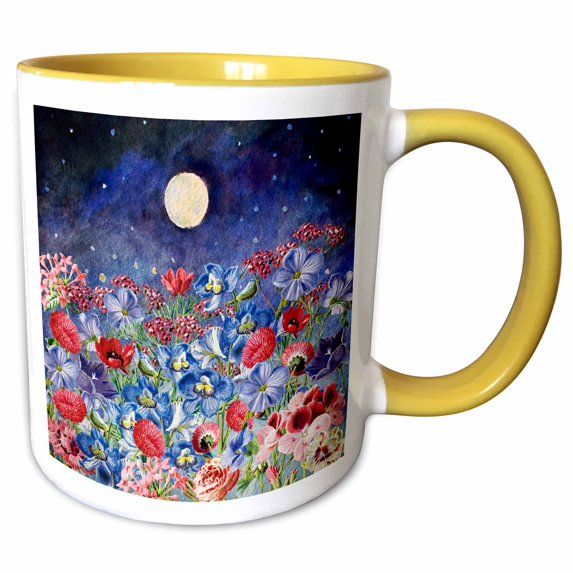 3drose, Midnight Moon and Colorful Blossoming Flowers Watercolor Illustration, 11oz Two-tone Yellow Mug