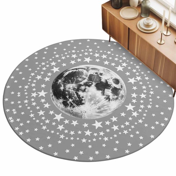 Midnight Moon Area Rug, Abstract Modern Minimalist Star Gray Background Non-Slip Felt Rubber Backing Round Indoor Carpet Washable Rugs for Living Room Bedroom 3ft