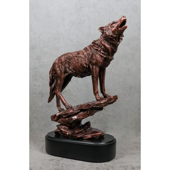 Midnight Moon Howling Alpha Gray Wolf Statue In Bronze Electroplated Finish